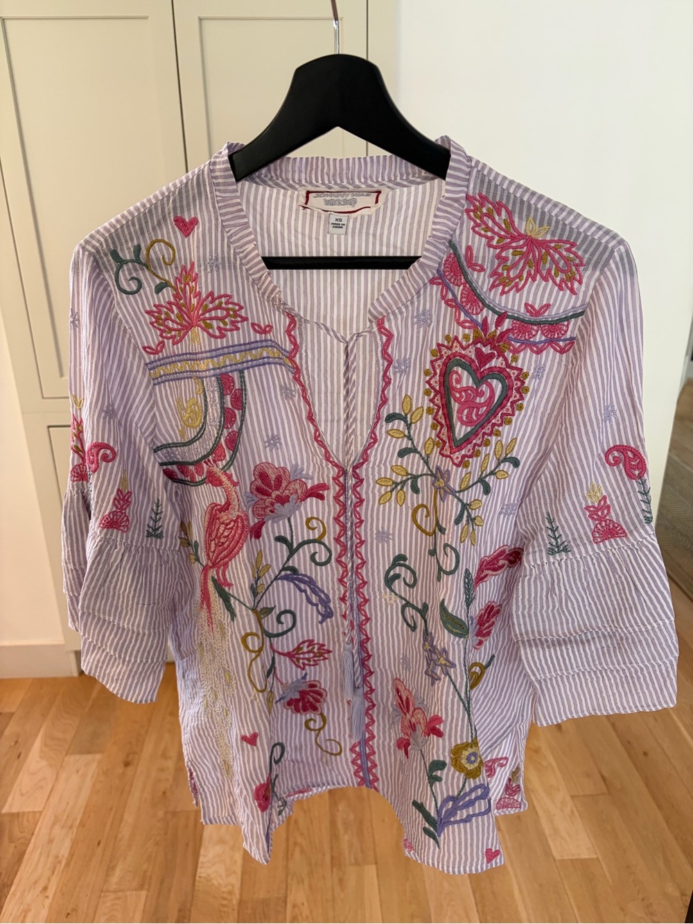 Johnny Was Embroidered Striped Peasant Blouse - Lavender